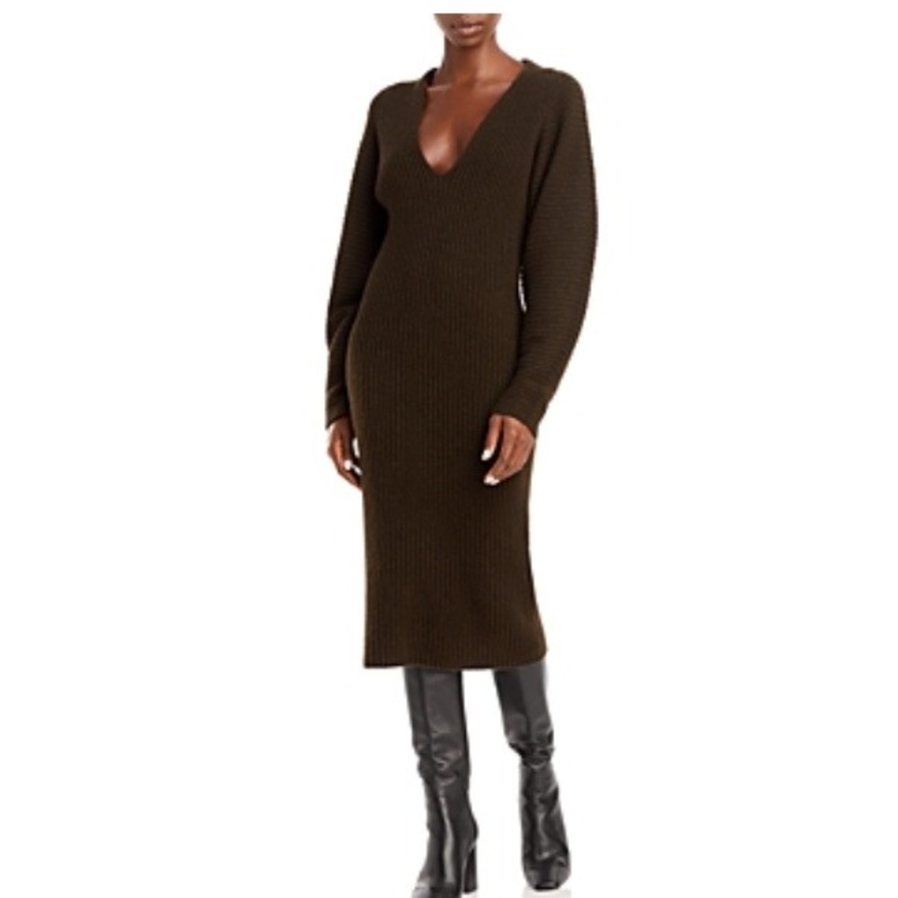 NEW Vince Ribbed Wool‎ Yak Knit Long Sleeve Sweater Dress Brown Cozy Twee Size M